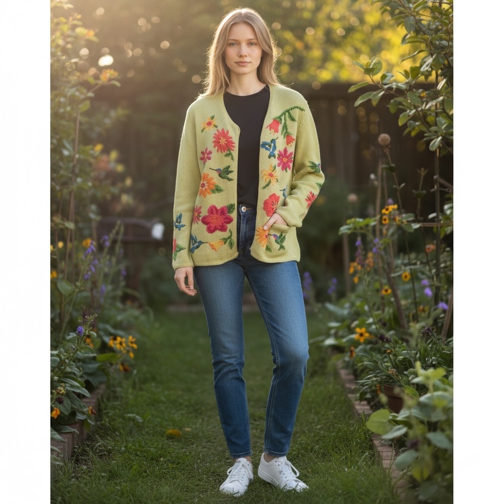 David Brooks Floral Embroidered Cardigan in Green and Pink